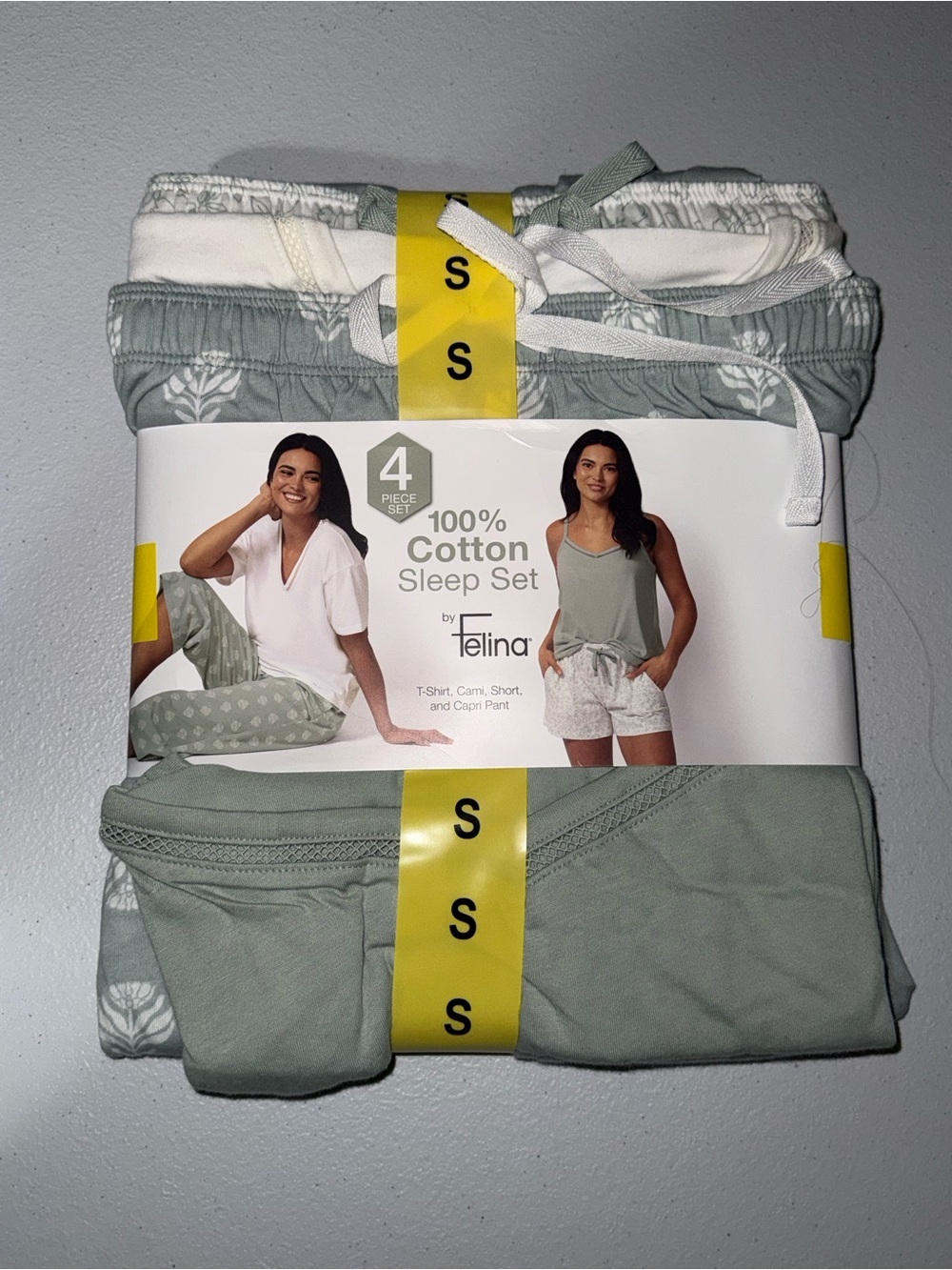 Felina 4 Piece Cotton Pajama Sleep Set Size Small Sage Green White NWT